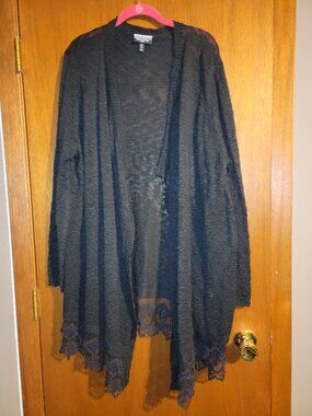 Allison Brittney Plus Womens Black Lace Bottom Open Cardigan Duster Sweater